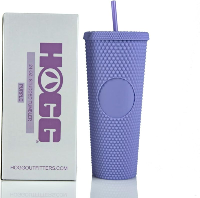 Photo 1 of Hogg 24oz Studded Tumbler with lid and straw, DIY, Customizable with Bling or Glitter, Reusable Textured Venti Cup, Double Wall Insulated (24oz with circle, Light Purple)
