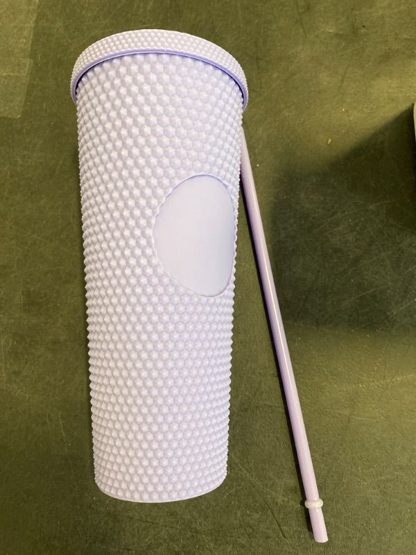 Photo 2 of Hogg 24oz Studded Tumbler with lid and straw, DIY, Customizable with Bling or Glitter, Reusable Textured Venti Cup, Double Wall Insulated (24oz with circle, Light Purple)
