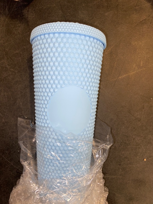 Photo 2 of Hogg 24oz Studded Tumbler with lid and straw, DIY, Customizable with Bling or Glitter, Reusable Textured Venti Cup, Double Wall Insulated (24oz with circle, Light Blue)
