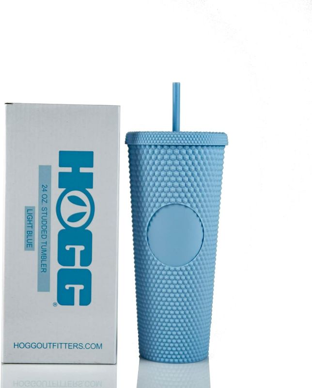 Photo 1 of Hogg 24oz Studded Tumbler with lid and straw, DIY, Customizable with Bling or Glitter, Reusable Textured Venti Cup, Double Wall Insulated (24oz with circle, Light Blue)
