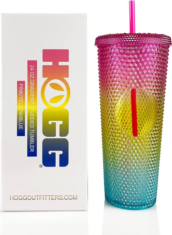 Photo 1 of Hogg 24oz Studded Tumbler with lid and straw, DIY, Customizable with Bling or Glitter, Reusable Textured Venti Cup, Double Wall Insulated (24oz with circle, Gradient Pink/Yellow/Blue)
