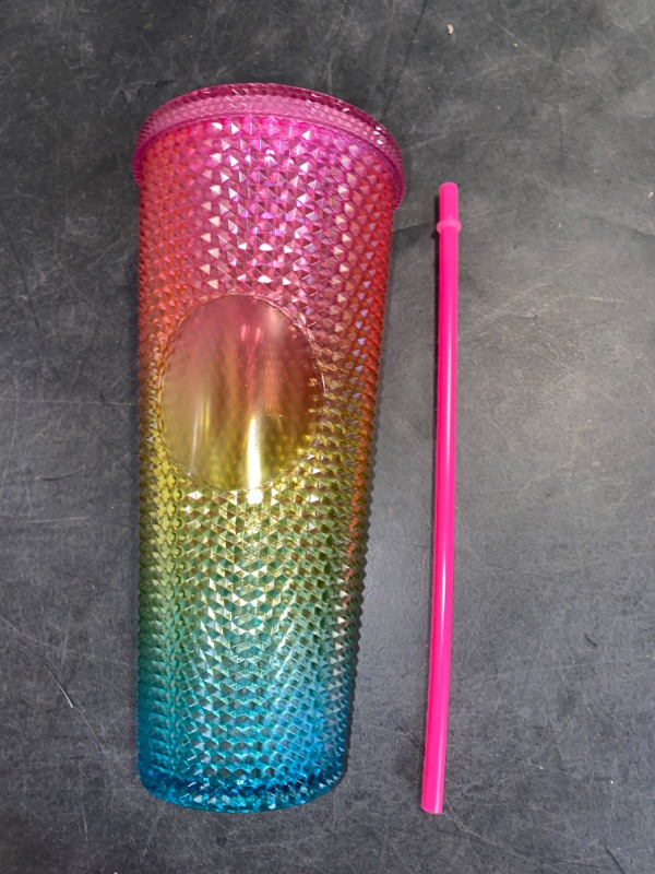 Photo 2 of Hogg 24oz Studded Tumbler with lid and straw, DIY, Customizable with Bling or Glitter, Reusable Textured Venti Cup, Double Wall Insulated (24oz with circle, Gradient Pink/Yellow/Blue)
