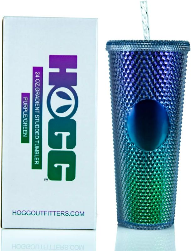 Photo 1 of Hogg 24oz Studded Tumbler with lid and straw, DIY, Customizable with Bling or Glitter, Reusable Textured Venti Cup, Double Wall Insulated (24oz with circle, Gradient Purple/Green)
