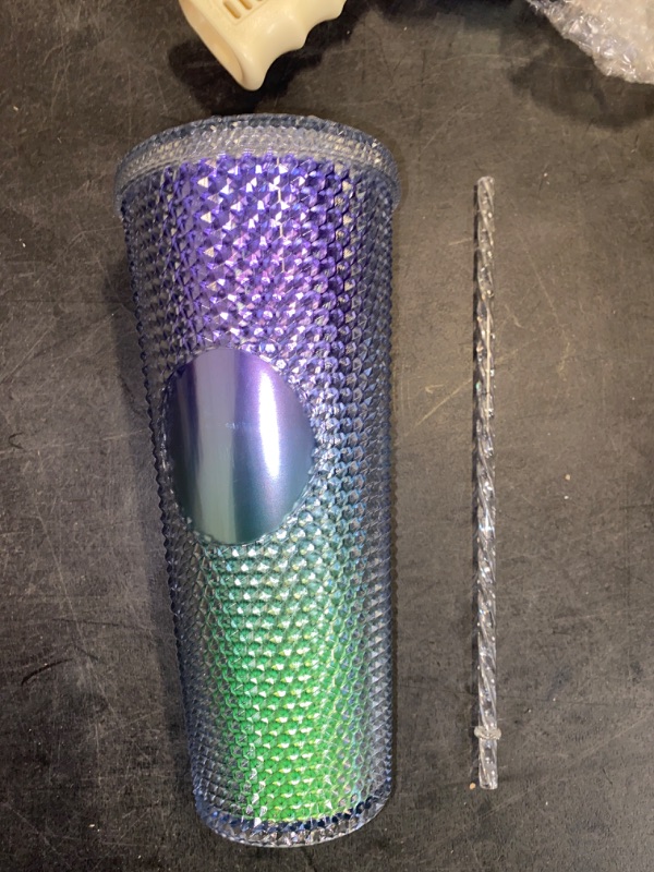 Photo 2 of Hogg 24oz Studded Tumbler with lid and straw, DIY, Customizable with Bling or Glitter, Reusable Textured Venti Cup, Double Wall Insulated (24oz with circle, Gradient Purple/Green)
