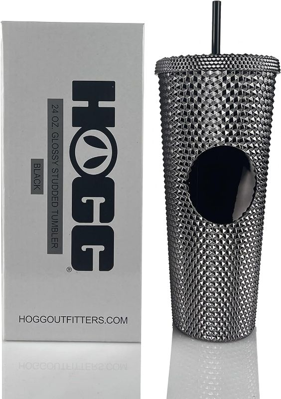 Photo 1 of Hogg 24oz Studded Tumbler with lid and straw, DIY, Customizable with Bling or Glitter, Reusable Textured Venti Cup, Double Wall Insulated (24oz with circle, Glossy Black)
