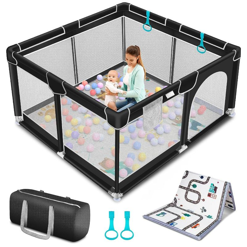 Photo 1 of Suposeu Baby Playpen with Anti-Slip Mat for Indoor and Outdoor Playard Kids Activity Center with Gate, Portable Baby Fence Area for Babies and Toddlers (50 Inch×50 Inch, Black)
