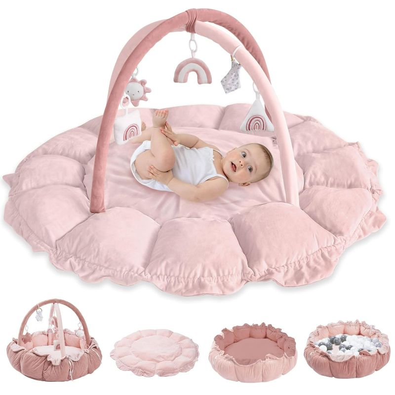 Photo 1 of HAN-MM 5-in-1 Convertible Baby Play Gym with 6 Toys, Tummy Time Mat for Sensory Development, Baby Activity Center from Newborn to Toddler, Ball Pit, Cat & Dog Bed, Soft Plush Pet Bed, Pink
