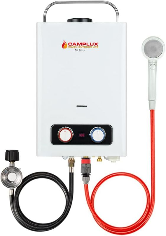 Photo 1 of Camplux Pro 6L Portable Tankless Water Heater, 1.58 GPM 41,000 BTU Outdoor Propane Gas Water Heater with Portable Handle, Propane Gas Water Heater for RV, Campings, Cabins, Barns, White
