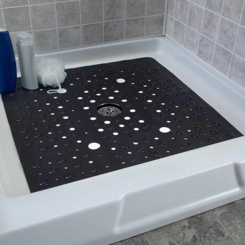 Photo 1 of SlipX Solutions Extra Large Square Shower Mat, 27"x27", Non-Slip Stall Mat for Elderly & Kids Standing Bath Tub Mat, Machine Washable, Suction Cups, Black
