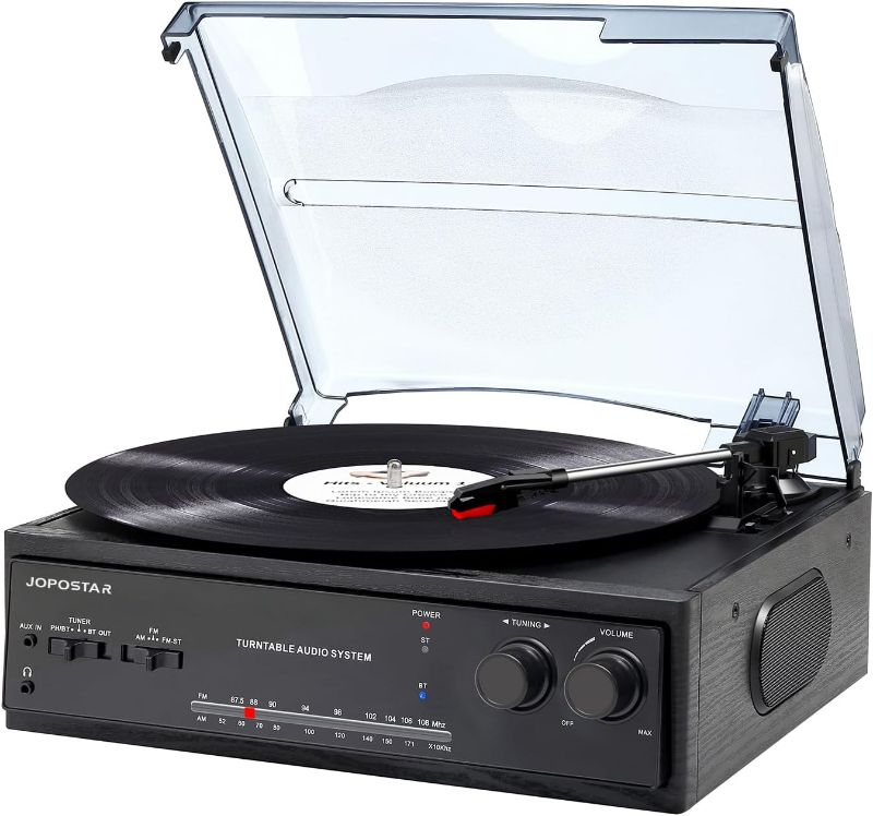 Photo 1 of JORLAI Vinyl Record Player, Dual Bluetooth Turntable for Vinyl Records with Built-in Speakers, 3-Speed, Belt Drive Vintage LP Phonograph Support RCA Outputs/Aux Input/AM/FM, Black
