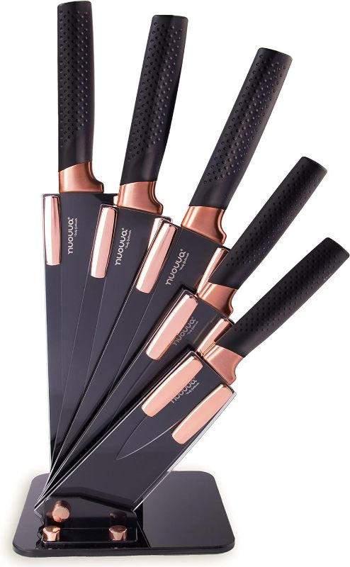 Photo 1 of nuovva Kitchen Knife Block Set Copper 5 Piece Set with Knives Clear Acrylic Block Stainless Steel Blades
