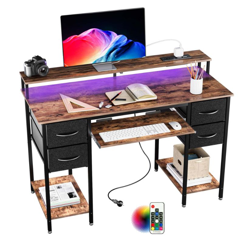 Photo 1 of TIQLAB Computer Desk with Drawers and Power Outlets, 47 Inch Gaming Desk with LED Lights, Home Office Desk with Monitor Stand and Keyboard Tray, Study Writing Work Desk for Home Office, Walnut