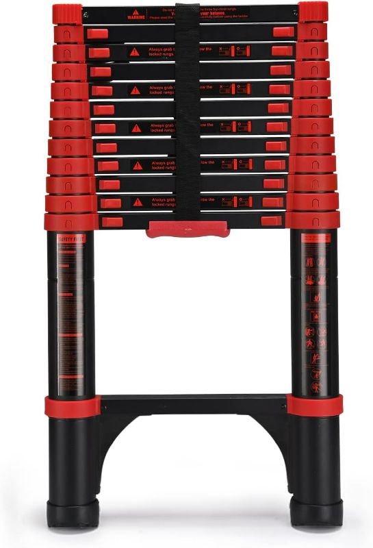 Photo 1 of HBTower Telescoping Ladder 12.5 FT Red Aluminum Lightweight Extension Ladder with 2 Triangle Stabilizers, Heavy Duty 330lbs Max Capacity, Multi-Purpose Collapsible Ladder for RV or Outdoor Work
