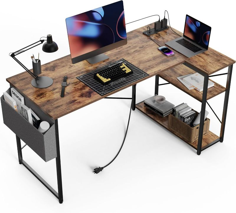 Photo 1 of Small Computer Desk with Power Outlets, 40 Inch L Shaped Desk with Reversible Shelves, Gaming Desk Corner Desk Study Writing Desk for Home Office Bedroom Small Space, Rustic Brown
