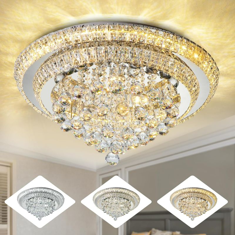 Photo 1 of Elegant LED Crystal Raindrop Ceiling Light, 24" Flush Mount Chandelier Light Fixture with Remote Control for Living Room Kitchen Island Bedroom Hallway Entryway Foyer(Dimmable)
