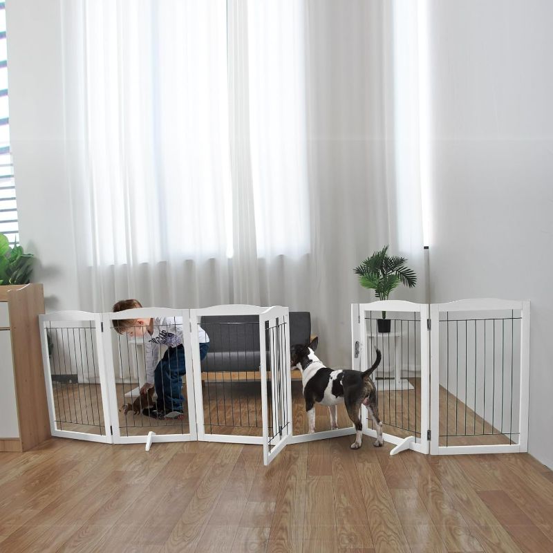 Photo 1 of Freestanding Foldable Dog Gate with Door Walk Through Wooden Extra Wide White Indoor Puppy Gate 6 Panels Tall Pet Gate Dog Gates for The House Dog Fence 32''H
