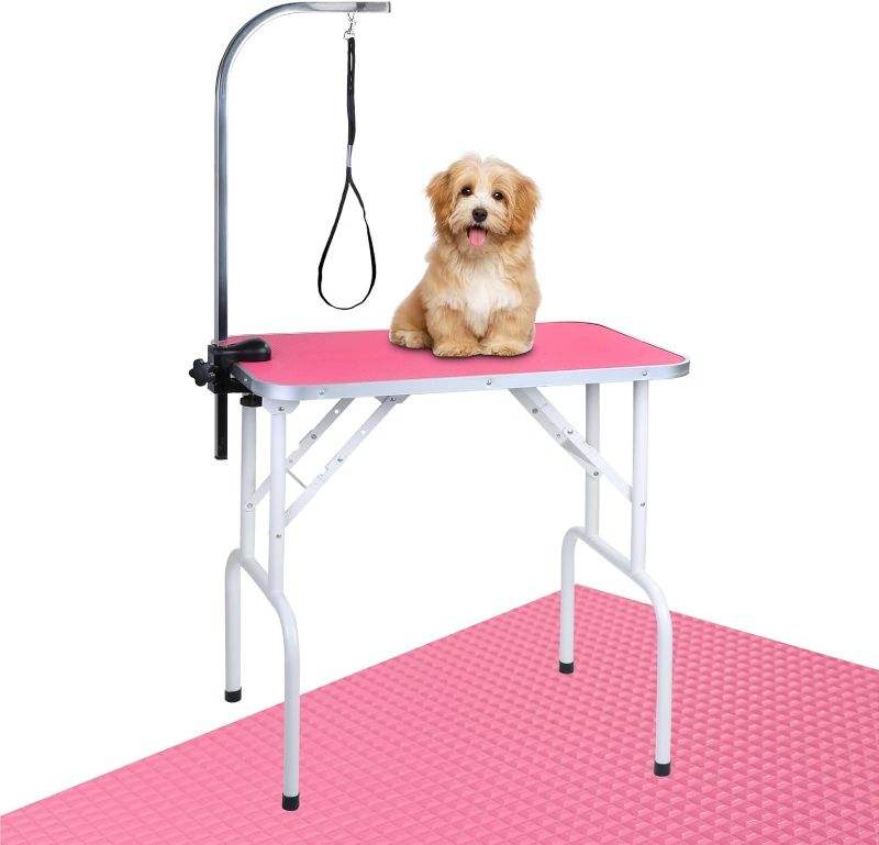 Photo 1 of LEIBOU Pet Dog Grooming Table Foldable Grooming Table Heavy Duty Iron Frame with Arm & Noose for Dog Cat Pet Grooming (32'', Pink)
