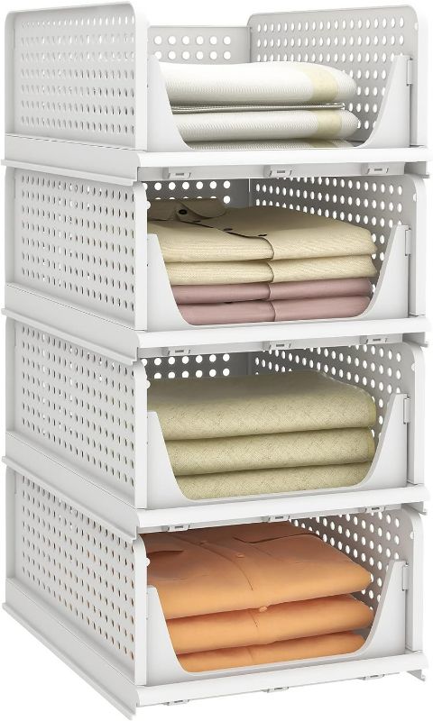 Photo 1 of Pinkpum Stackable Plastic Storage Basket-Foldable Closet Organizers and Storage Bins 4 Pack-Drawer Shelf Storage Container for Wardrobe Cupboard Kitchen Bathroom Office 4L
