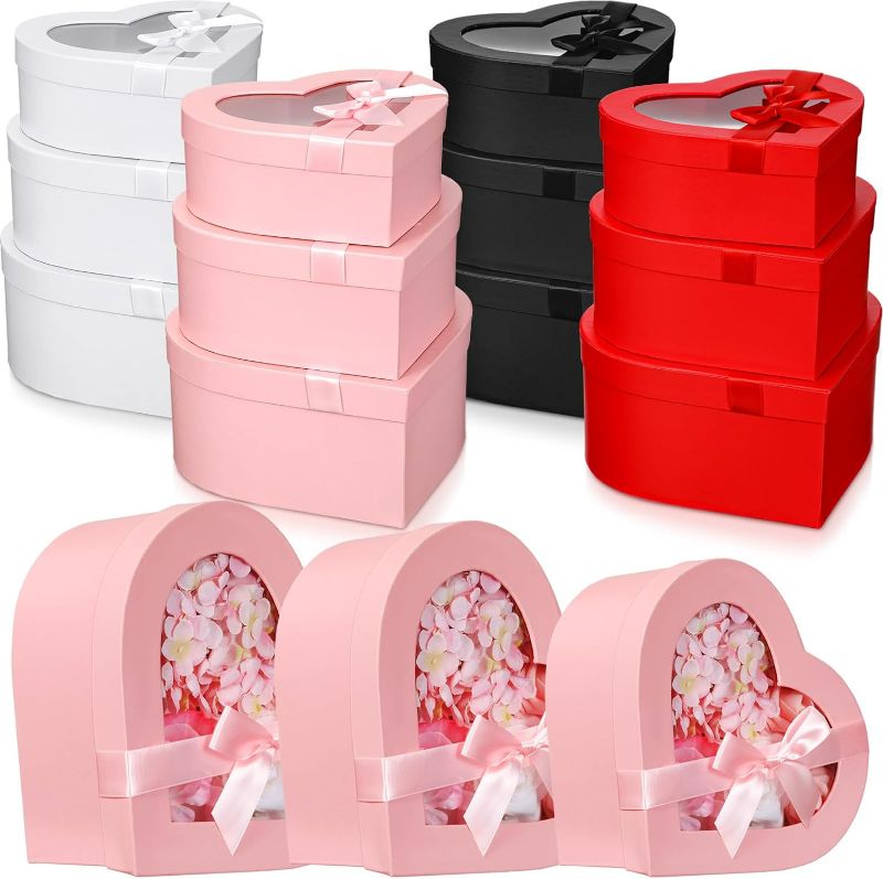 Photo 1 of 12 Pcs Heart Shaped Flower Box Heart Floral Gift Boxes Valentine's Day Gift Box Mother's Day Bow Paper Boxes with Lids for Luxury Flowers Gift Packaging, 3 Sizes (Black, White, Red, Pink)
