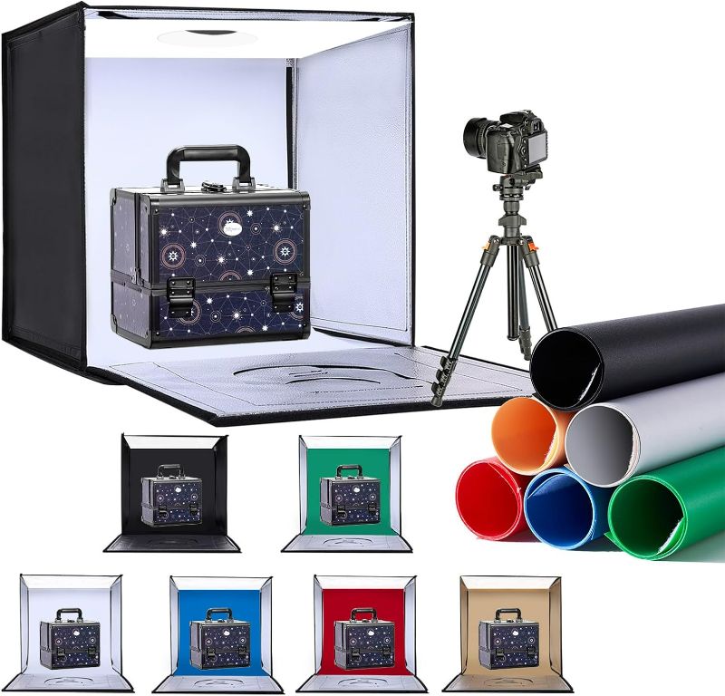 Photo 1 of Light Box Photography 24"x24" with 120LED Lights and 6 Color Backdrops Photo Box with Lights, Foldable Light Box with Adjustable Brightness, 6000-6500K Dimmable Portable Picture Box Shooting
