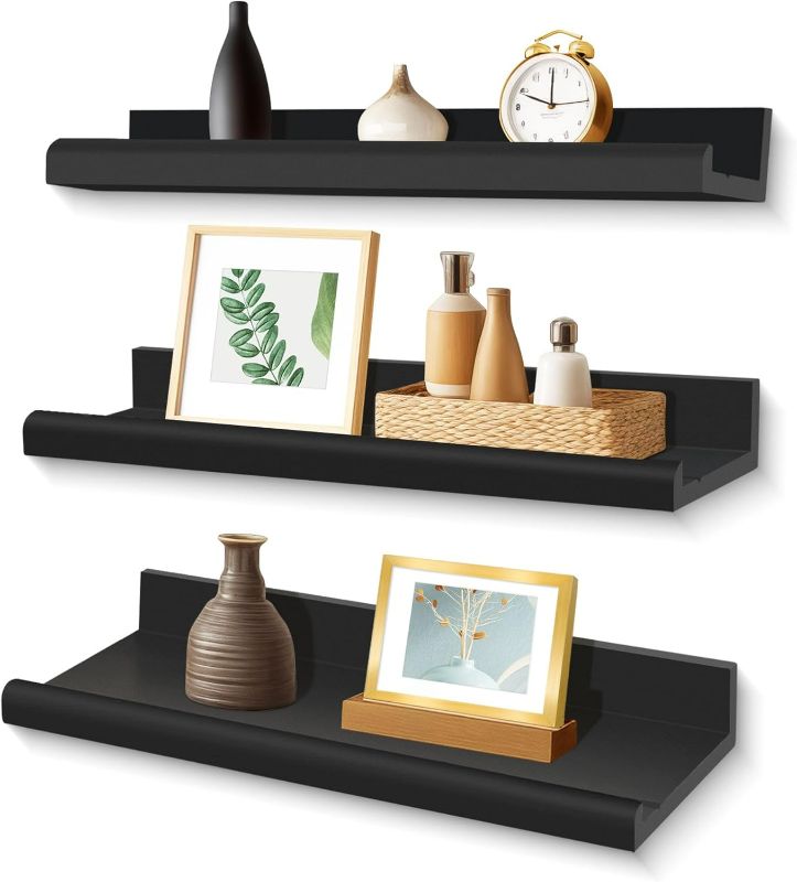 Photo 1 of Annecy Floating Shelves Wall Mounted Set of 3, 16 Inch Black Rustic Wood Shelves for Wall, Wall Storage Shelves with Guardrail Design for Bedroom, Bathroom, Kitchen, Office, 3 Different Sizes
