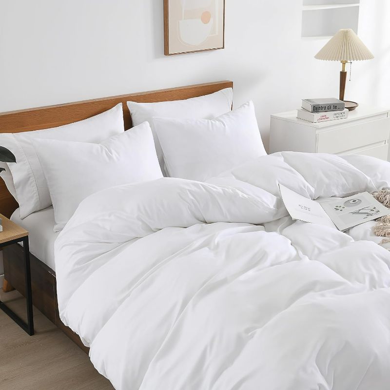 Photo 1 of Queen Size Duvet Cover Set,White Duvet Cover Queen Bedding Set Soft and Cooling,100% Viscose Derived from Bamboo,1 Duvet Cover 2 Pillowcases with Corner Ties,Button Closure,White(Full/Queen)
