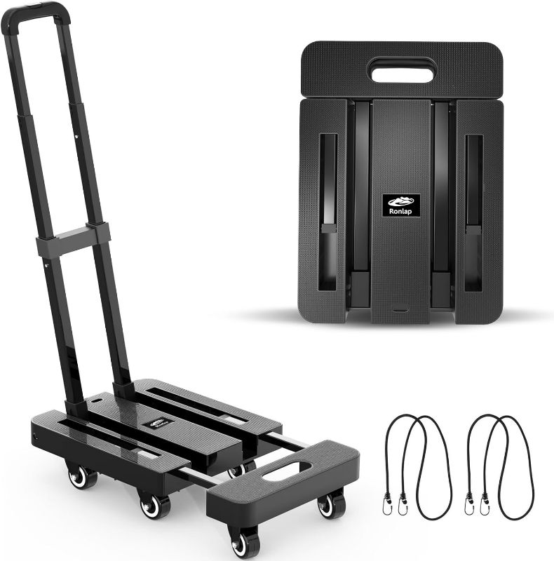 Photo 1 of Ronlap Folding Hand Truck, Foldable Dolly Cart for Moving 500lbs Heavy Duty Luggage Cart Portable Platform Cart Collapsible Dolly with 6 Wheels & 2 Ropes for Travel House Office Moving, Black
