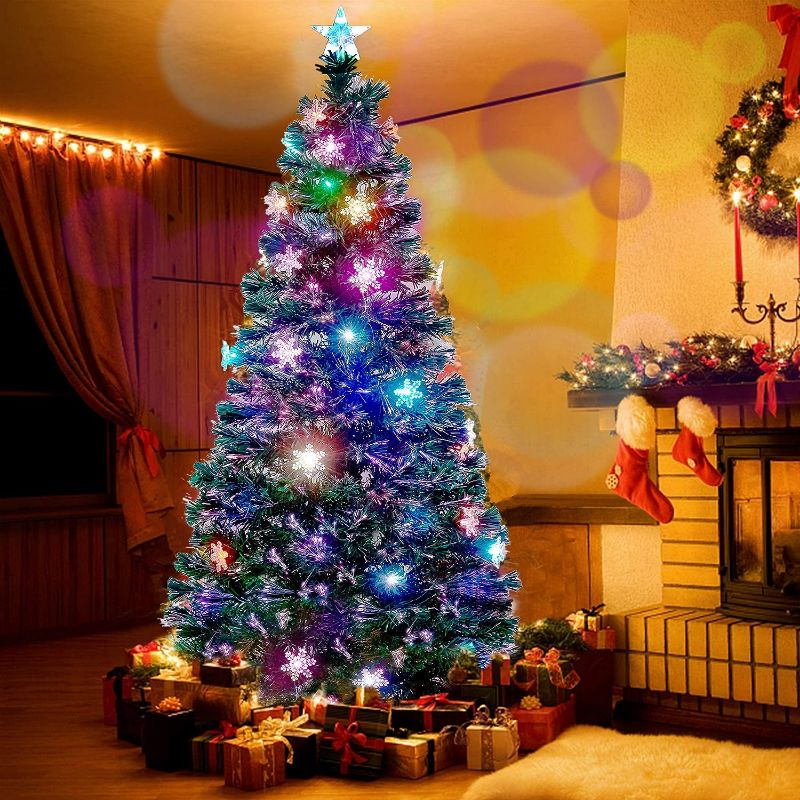 Photo 1 of Juegoal 7 ft Pre-Lit Optical Fiber Christmas Artificial Tree, with LED RGB Color Changing Led Lights, Snowflakes and Top Star, Festive Party Holiday Fake Multicolor Xmas Tree with Durable Metal Legs