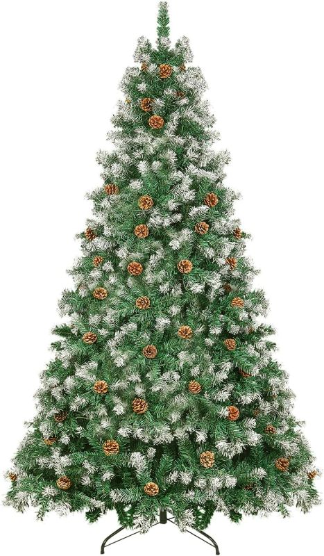 Photo 1 of 6ft Flocked Christmas Tree with Decorations (900 PVC Branch Tips & 56 Pine Cones), Metal Hinges & Base, Green and White Slight Pre-Decorated Artificial Xmas Tree 6 feet | Add Holiday Touch
