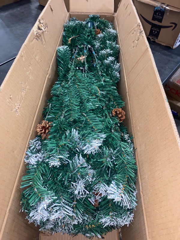 Photo 2 of 6ft Flocked Christmas Tree with Decorations (900 PVC Branch Tips & 56 Pine Cones), Metal Hinges & Base, Green and White Slight Pre-Decorated Artificial Xmas Tree 6 feet | Add Holiday Touch
