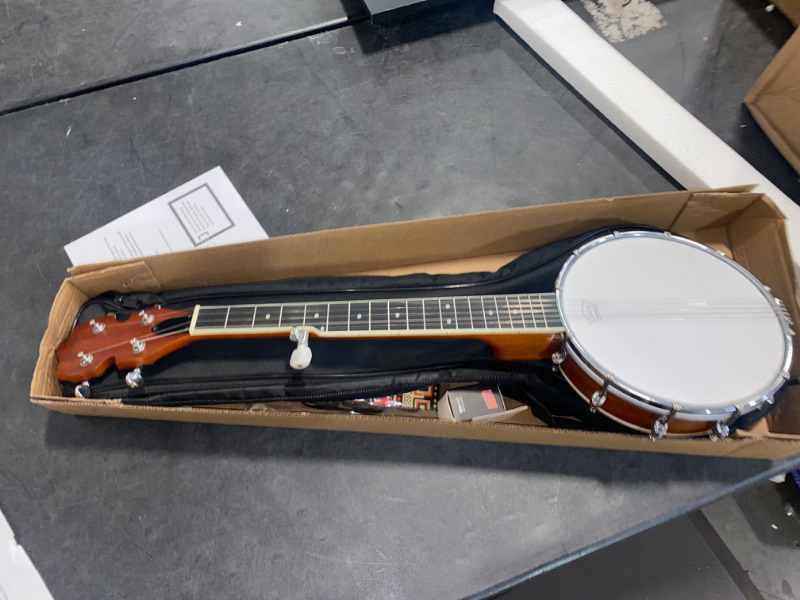 Photo 2 of 5 String Banjo Mini - 28 Inch Travel Banjo Sapele Body Closed Solid Back Beginner Kit With Gig Bag Picks Strings Strap - B806
