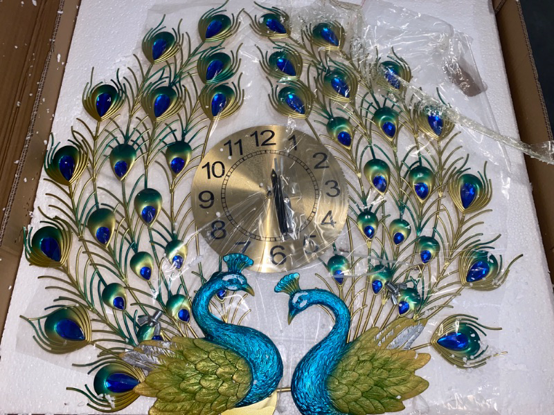 Photo 1 of Large Peacock Wall Clock 27.6 inch Non-Ticking Silent Crystal Creative Personality Modern Art Decorative Wall Clocks for Living Room Decor (27.6 * 27.6inch, Yellow)
