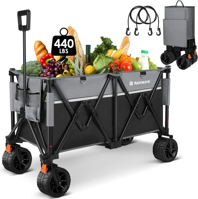 Photo 1 of Collapsible Wagons Heavy Duty 440 lbs Folding Beach Carts with Big All-Terrain Wheels, Utility Lounge Wagon Garden Cart with 200L Capacity for Outdoor, Sports, Shopping, Camping, Black & Gray
