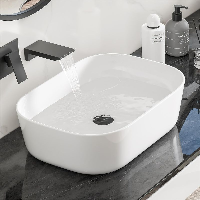 Photo 1 of Bathroom Vessel Sink, Eridanus 18" x 13" White Vessel Sink Rectangular Bathroom Sink Porcelain Ceramic Vessel Sinks for Bathroom Vanity Sink Above Counter Basin
