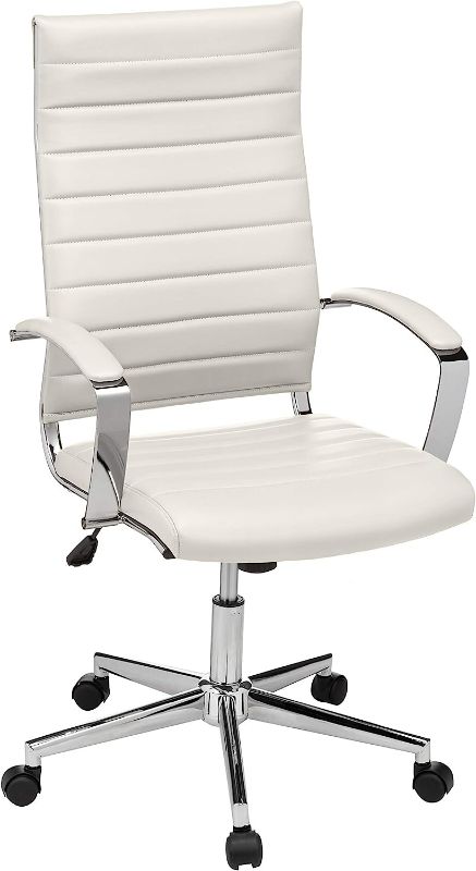 Photo 1 of Amazon Basics Executive Modern Office Computer Desk Task Chair with Armrests, High-Back, Adjustable, Lumbar Support, 360 Swivel, Rolling, 330 Pound Capacity, Chrome, White Faux Leather
