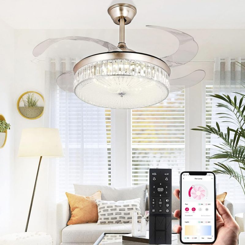 Photo 1 of 42 Inch Crystal Ceiling Fan with Light,Modern Retractable Flush Mount Low Profile Bladeless Chandelier Ceiling Fan with Lights and Remote for Bedroom Living Room Fandelier
