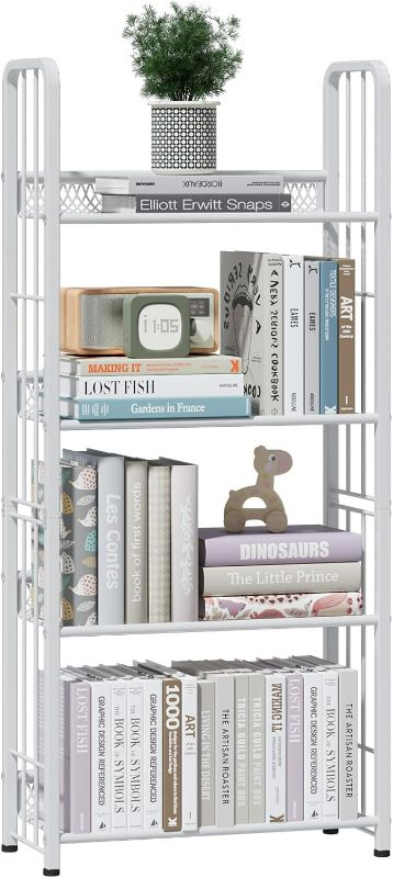 Photo 1 of Bookshelf Storage Shelf Bookcase Freestanding Storage Stand Book Organizer for Living Room, Bedroom, Kitchen, Rust Resistance,Easy Assembly Multi-Functional Organizer (4 Tiers, White)
