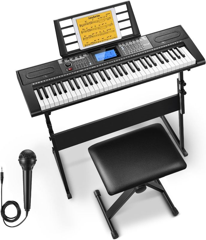 Photo 1 of Donner 61 Key Keyboard Piano, Electric Piano Keyboard Kit with 249 Voices, 249 Rhythms - Includes Piano Stand, Stool, Microphone, Gift for Beginners, Black (DEK-610S)
