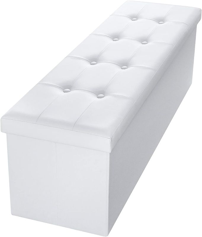 Photo 1 of Camabel Folding Ottoman Storage Bench Cube 43 inch Hold up 700lbs Faux Leather Long Chest with Memory Foam Seat Footrest Padded Upholstered Stool for Bedroom Bed Coffee Table Rectangular White BG470
