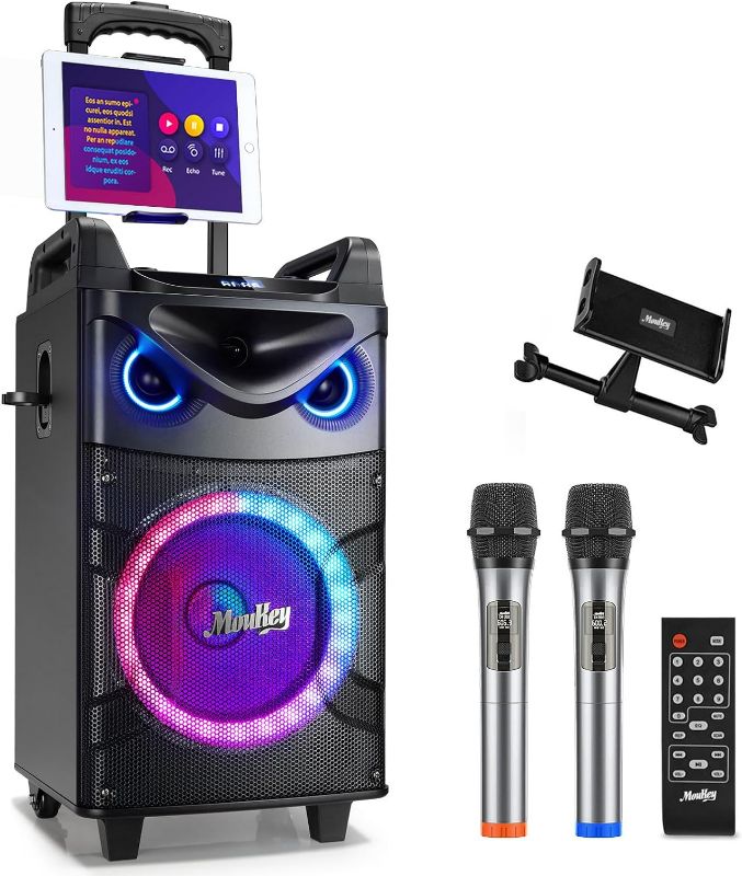 Photo 1 of Moukey Karaoke Machine, 10" Woofer Portable PA System, Bluetooth Speaker with 2 Wireless Microphones, Lyrics Display Tablet Holder, Party Lights & Echo/Treble/Bass Adjustment Support REC/AUX/USB/TF
