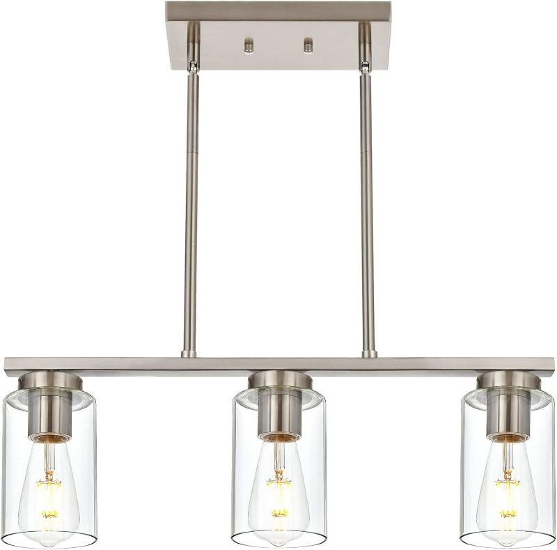 Photo 1 of VINLUZ 3 Light Linear Pendant Light Fixture with Clear Glass Shade Industrial Kitchen Island Lighting in Brushed Nickel Finish Farmhouse Chandelier for Dining Room Pool Table
