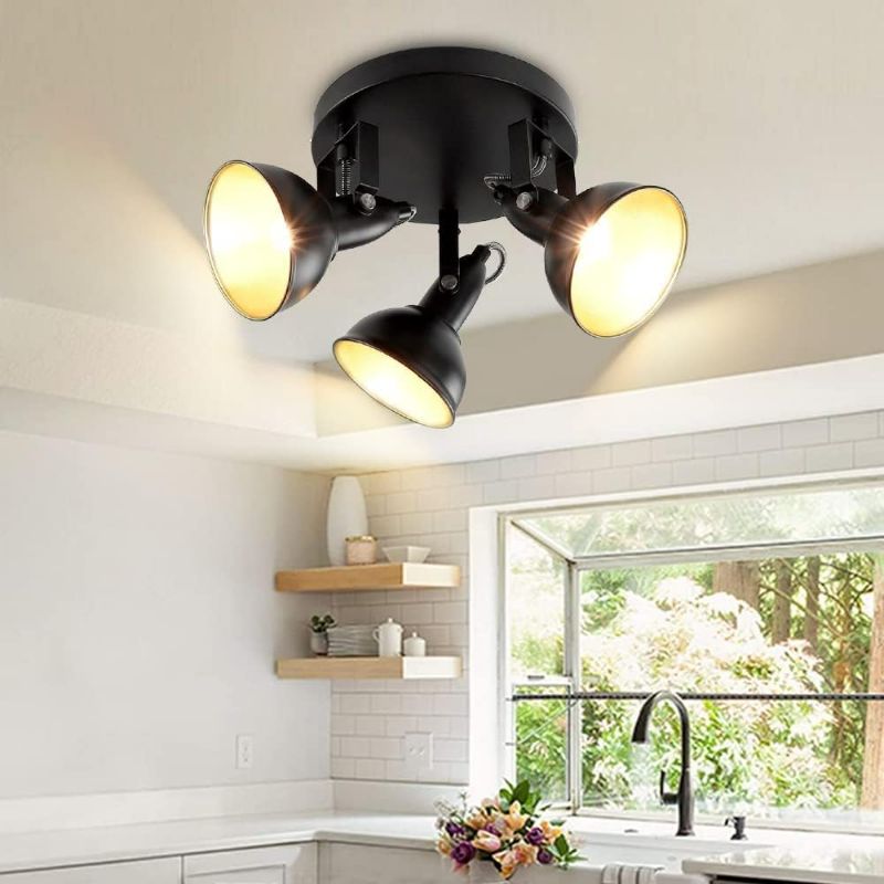 Photo 1 of DLLT Industrial Ceiling Spotlight Fixture, Adjustable 3-Light Track Lighting, Rotatable Flush Mount Track Wall Lamp for Hallway Kitchen Bedroom Closet Room Porch, Black, E12 Base?Bulb Not Included

