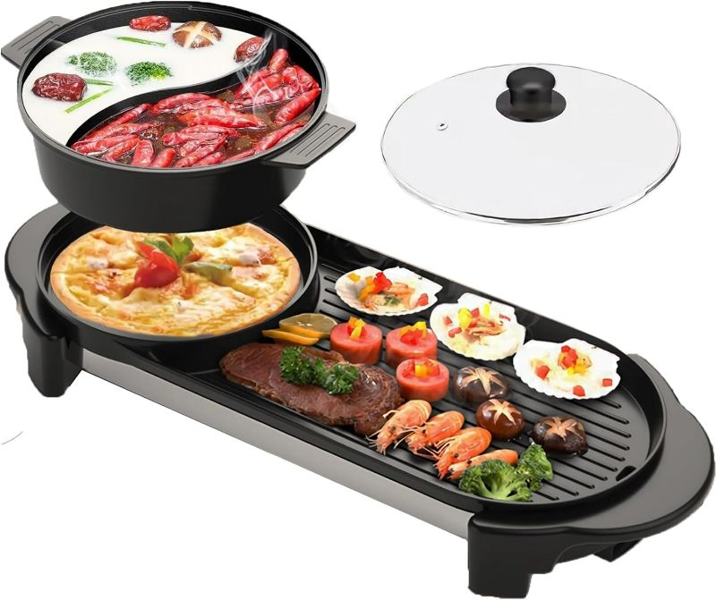 Photo 1 of Hot Pot with Grill, Electric Hot Pot 2 in 1 Shabu Shabu Hot Pot Korean BBQ Grill, Removable Hotpot Pot 1200W / Large Capacity Baking Tray, Separate Temperature Control, Electric Grill for 2-12 People
