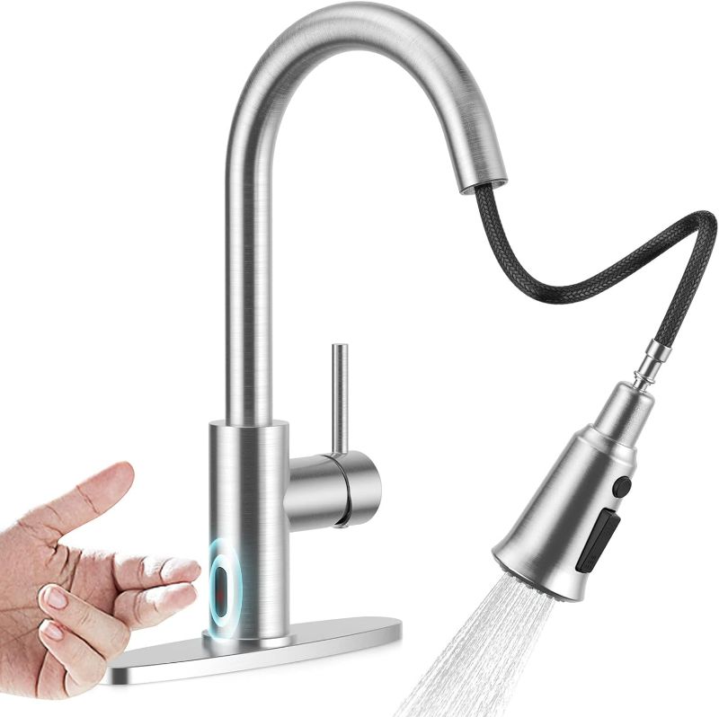 Photo 1 of Brushed Nickel High Arc Pull Out Touchless Kitchen Faucets, Motion Sensor Smart Kitchen Faucet with Pull Down Sprayer, 3 Setting Sprayer Touchless Faucet Suitable for 1 Hole 3 Holes
