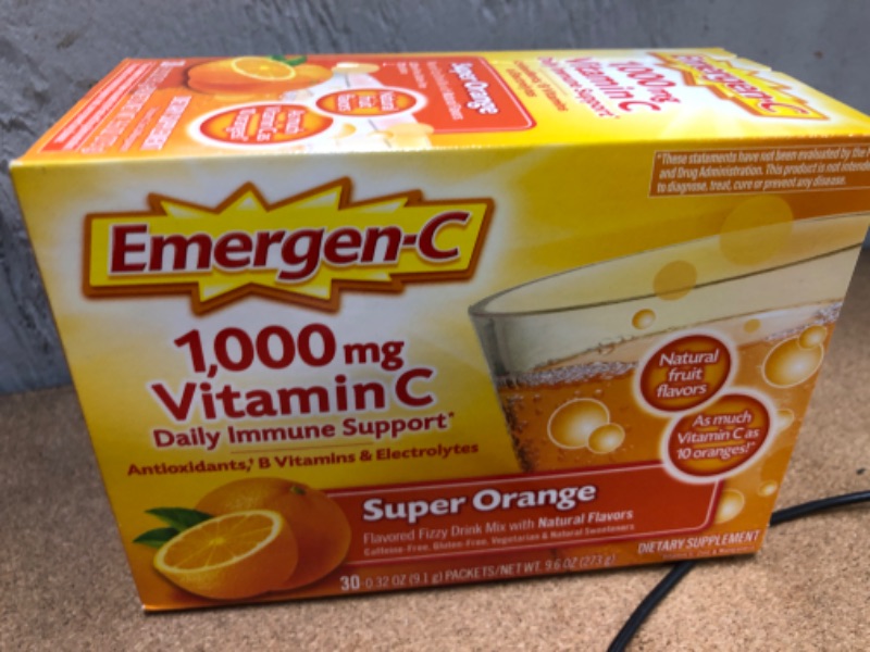 Photo 2 of Emergen-C 1000mg Vitamin C Powder for Daily Immune Support Caffeine Free Vitamin C Supplements with Zinc and Manganese, B Vitamins and Electrolytes, Super Orange Flavor - 30 Count---EXP DATE 03/2025 