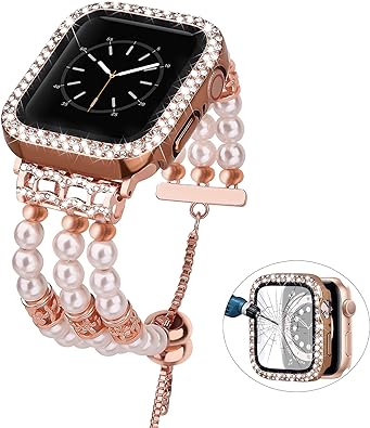 Photo 1 of Band only----V-MORO Bracelet Compatible with Apple Watch Band 40mm 44mm Women with Bling Screen Protector Case Fashion Handmade Elastic Stretch Pearl Strap with Full Cover for iWatch Series 6/SE/5/4 40mm 44mm
