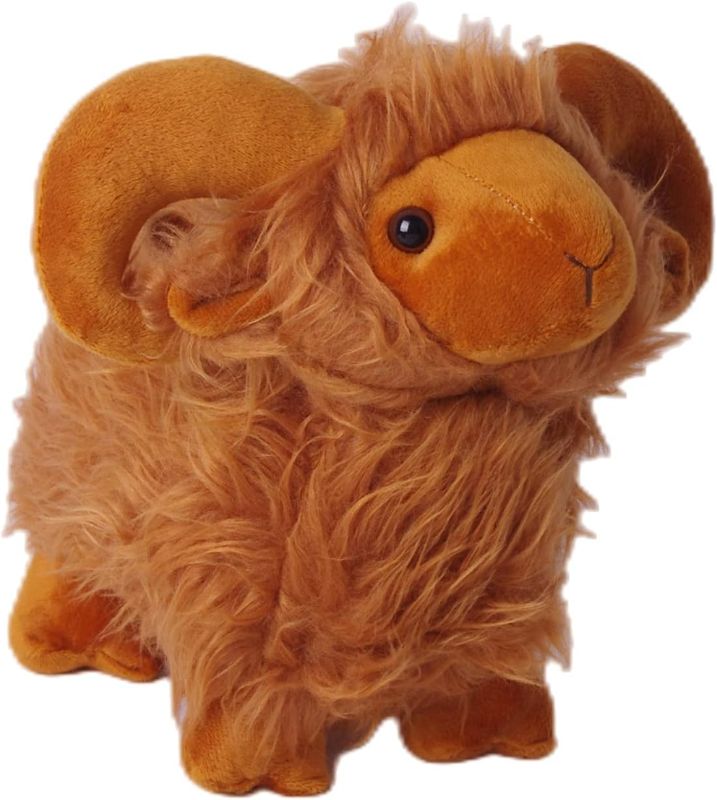 Photo 1 of EVOLVEOVER Highland Sheep Stuffed Animal Realistic Bighorn Sheep Plush Cuddly Fluffy Scottish Lamb Plushie Farm Toy (10.6 inch)