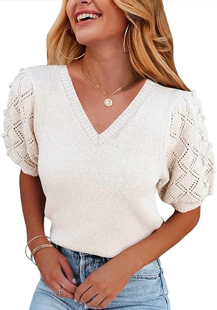 Photo 1 of 
Women's Puff Short Sleeve Sweater Tops Spring Crew Neck Dot Knit Lightweight Pullover Shirt