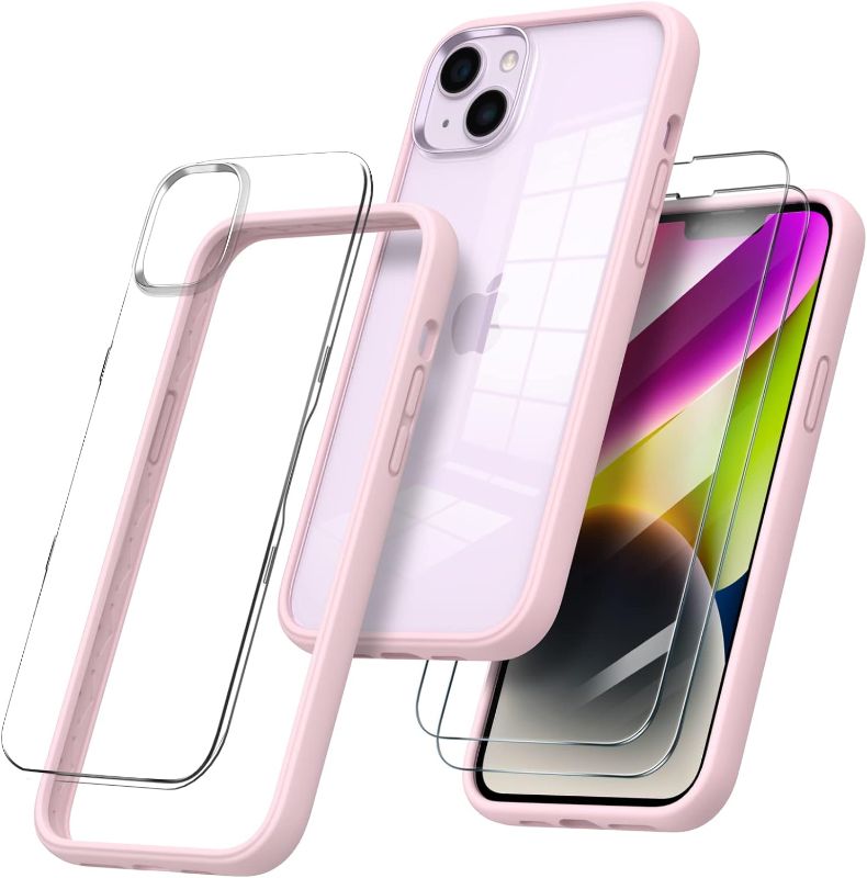 Photo 1 of ORNARTO Compatible with iPhone 14 Case 6.1 inch, with 2 Pack Tempered Glass Screen Protector, Soft Liquid Silicone Bumper Case Cover Full Body Protection with Anti-Yellowing Clear Back-Pink