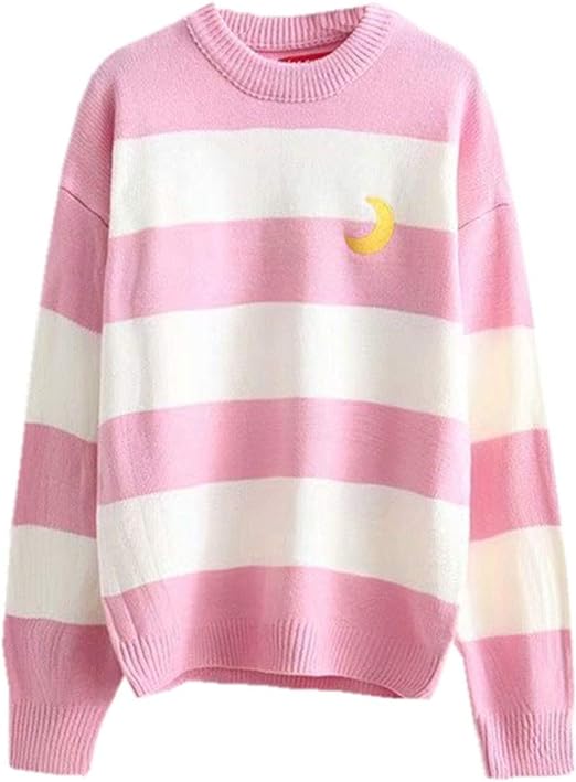 Photo 1 of  Striped Knitted Sweater, Long Sleeve Moon Embroidery Cute Sweaters for Women MED